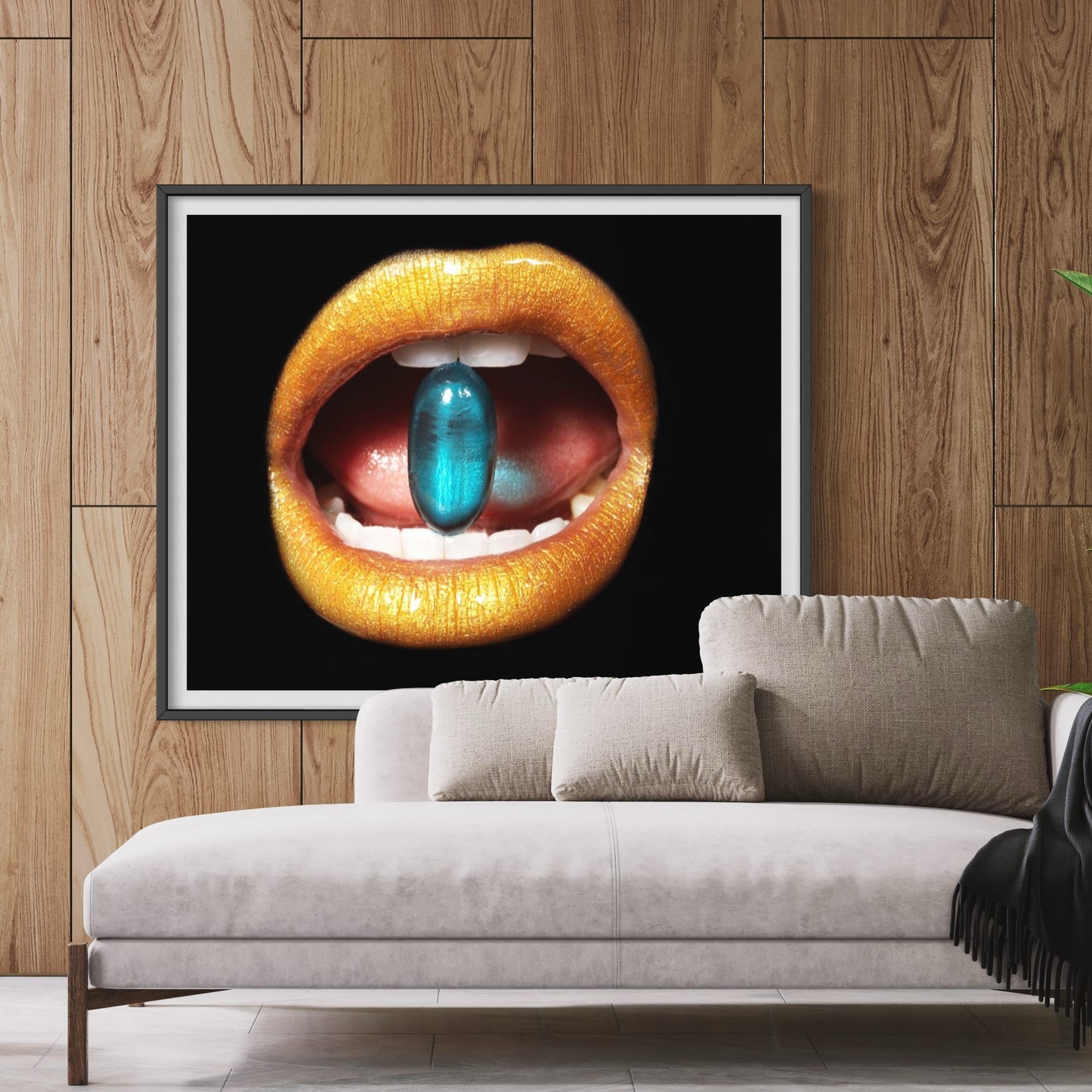 Framed Print on Rag Paper: Medication in mouth, close-up, studio shot by Andy Ryan via Getty Images Gallery