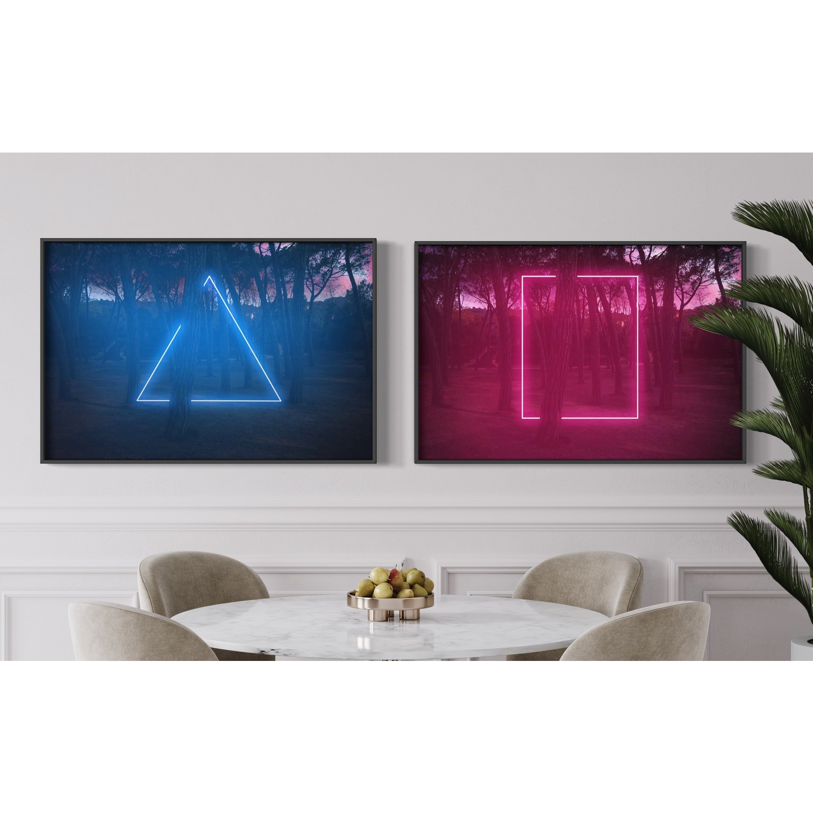 Framed Print on Rag Paper Rectangle red light neon between pine trees with futuristic visual effect by Artur Debat via Getty Images Gallery