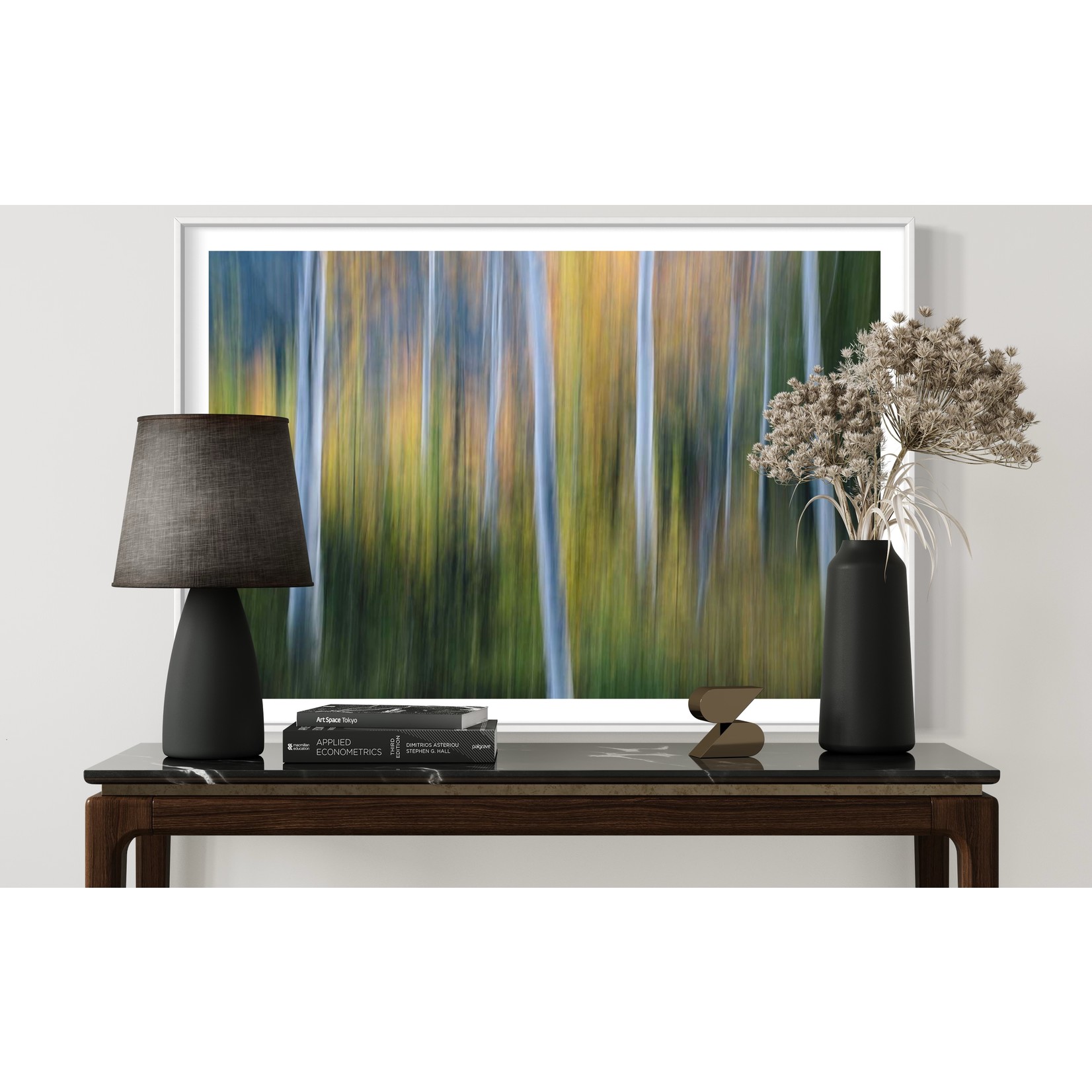 Framed Print on Rag Paper Blurred motion, a forest of aspen trees in autumn, straight white tree trunks by Mint Images via Getty Images Gallery