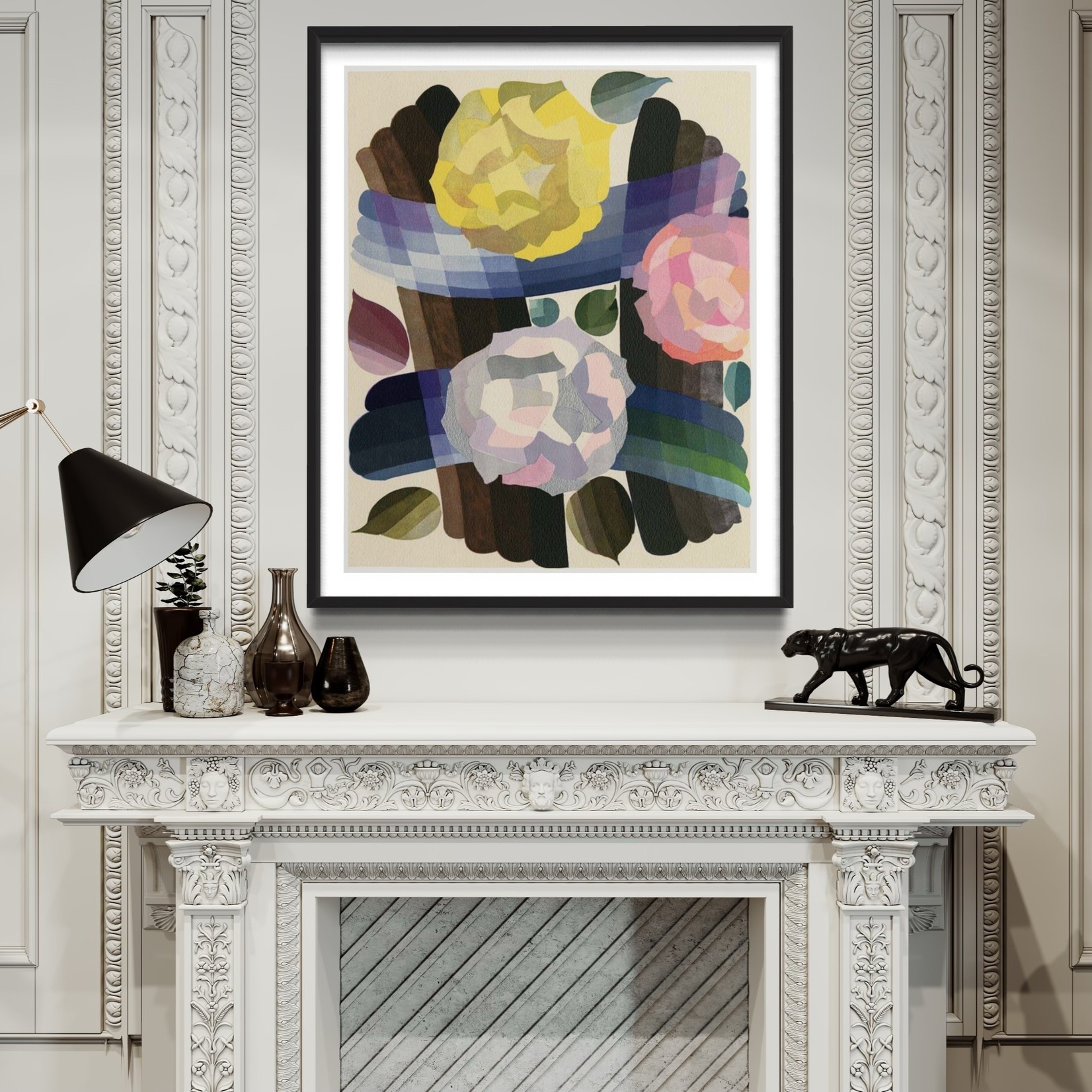 Framed Print on Rag Paper: Deco Roses in Yellow and Pink by Edouard Benedictus