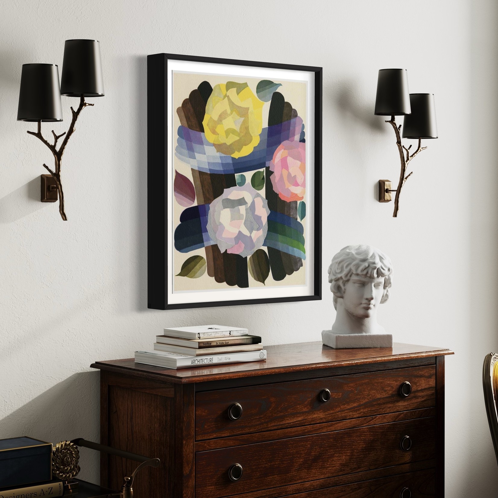 Framed Print on Rag Paper: Deco Roses in Yellow and Pink by Edouard Benedictus