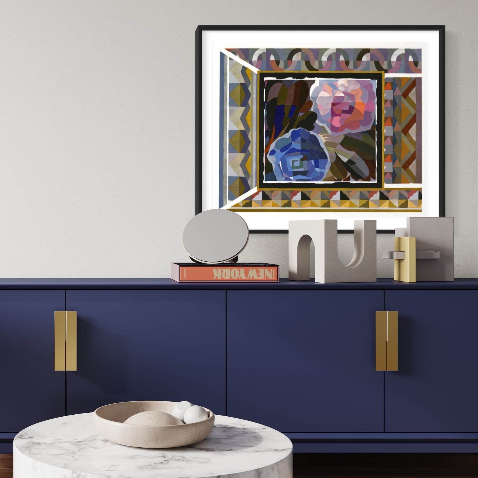 Framed Print on Rag Paper: Geometric Pink and Blue Roses by Georges Benedictus