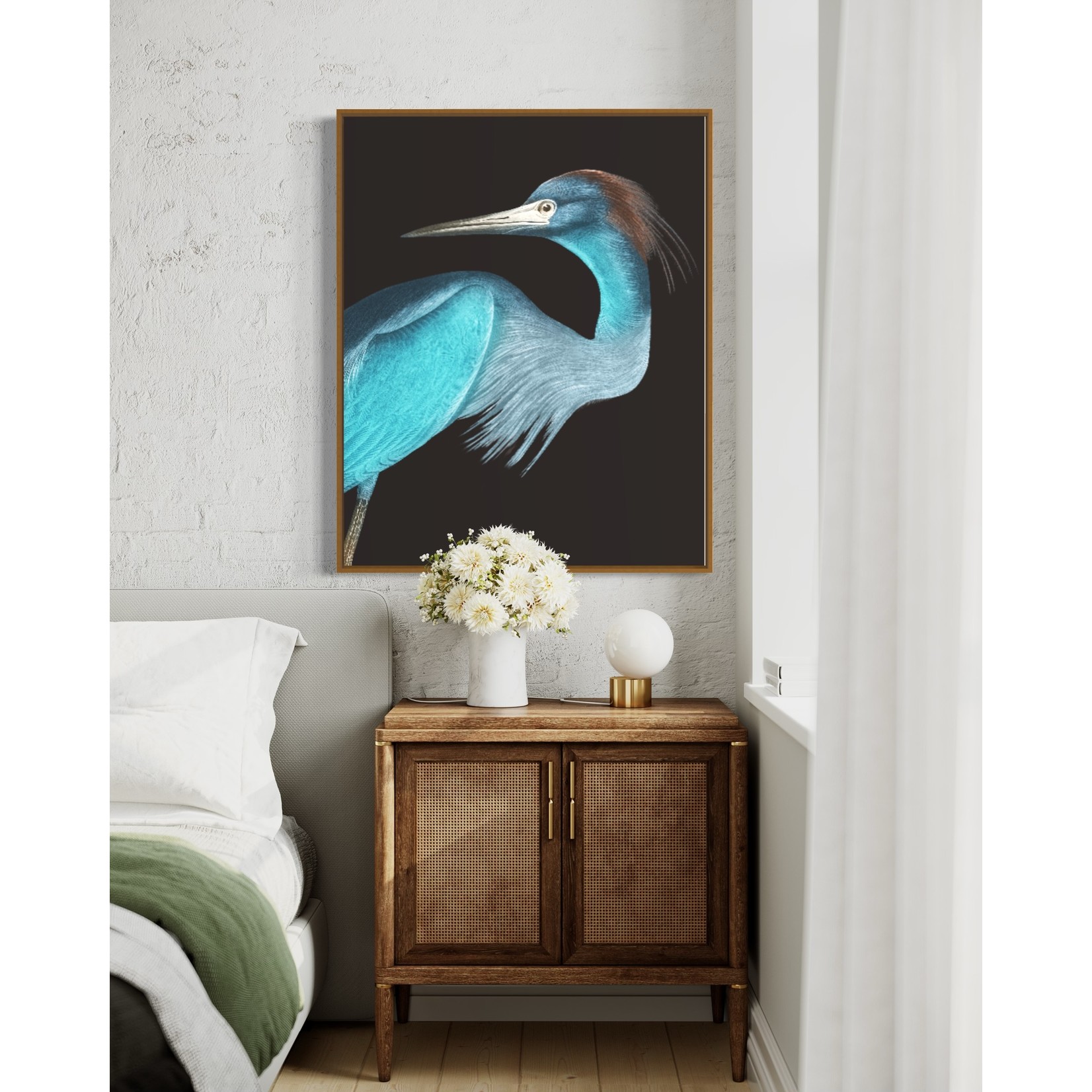 Framed Print on Canvas: Blue Crane Rectangular Canvas Print with Brushed Gold Floater Frame - 33 x 41 Inches