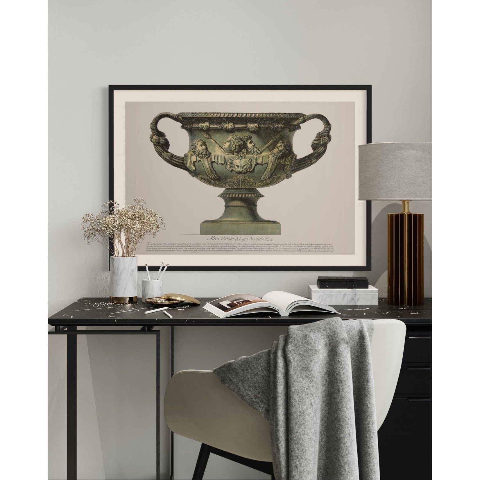 Framed Print on Rag Paper: Wide Piranesi Urn with Handles in Green and Yellow