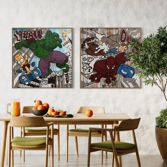 Framed Print on Canvas: Spiderman, Tintin et Milou by Sylvie Eudes