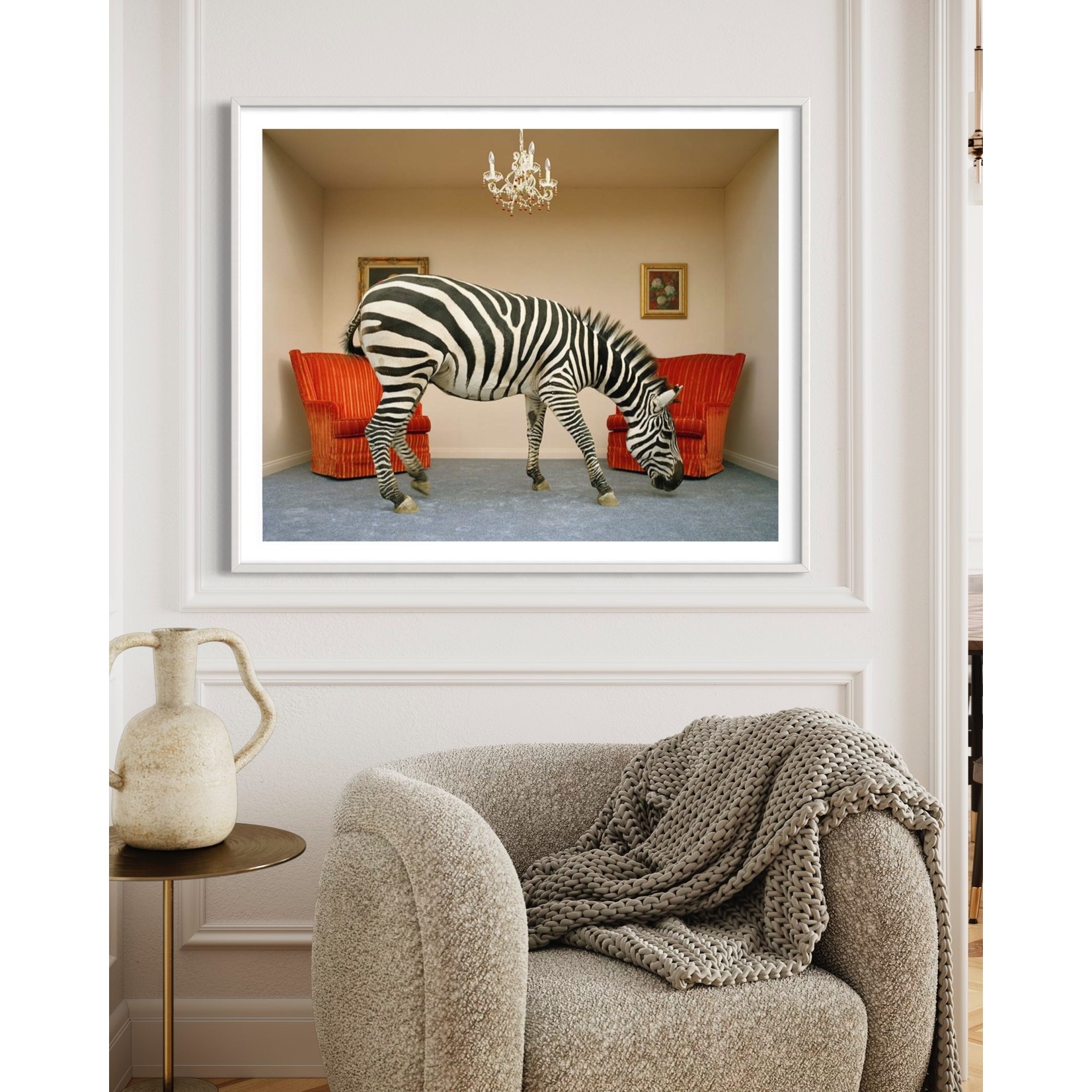 The Picturalist Fine Art Print on Rag Paper: Zebra in living room smelling rug by Matthias Clamer via Getty Images Gallery