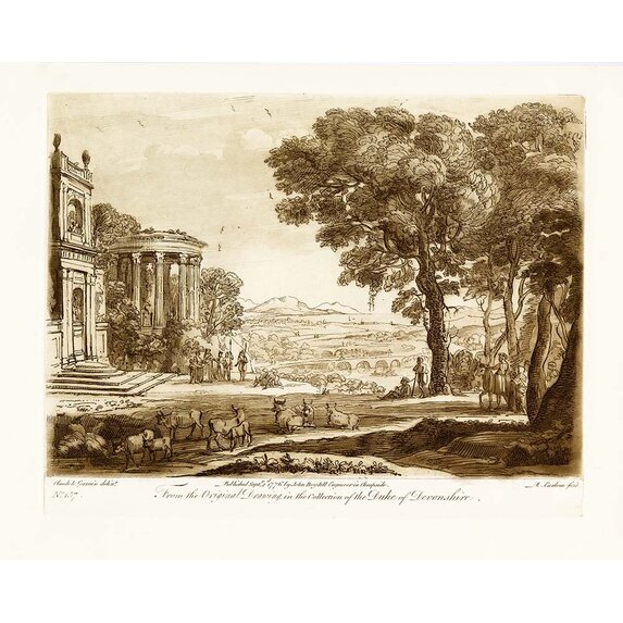 Fine Art Print on Rag Paper Antique Pastoral Scene with Classical Building Duke Of Devonshire by J. Boydell 1776