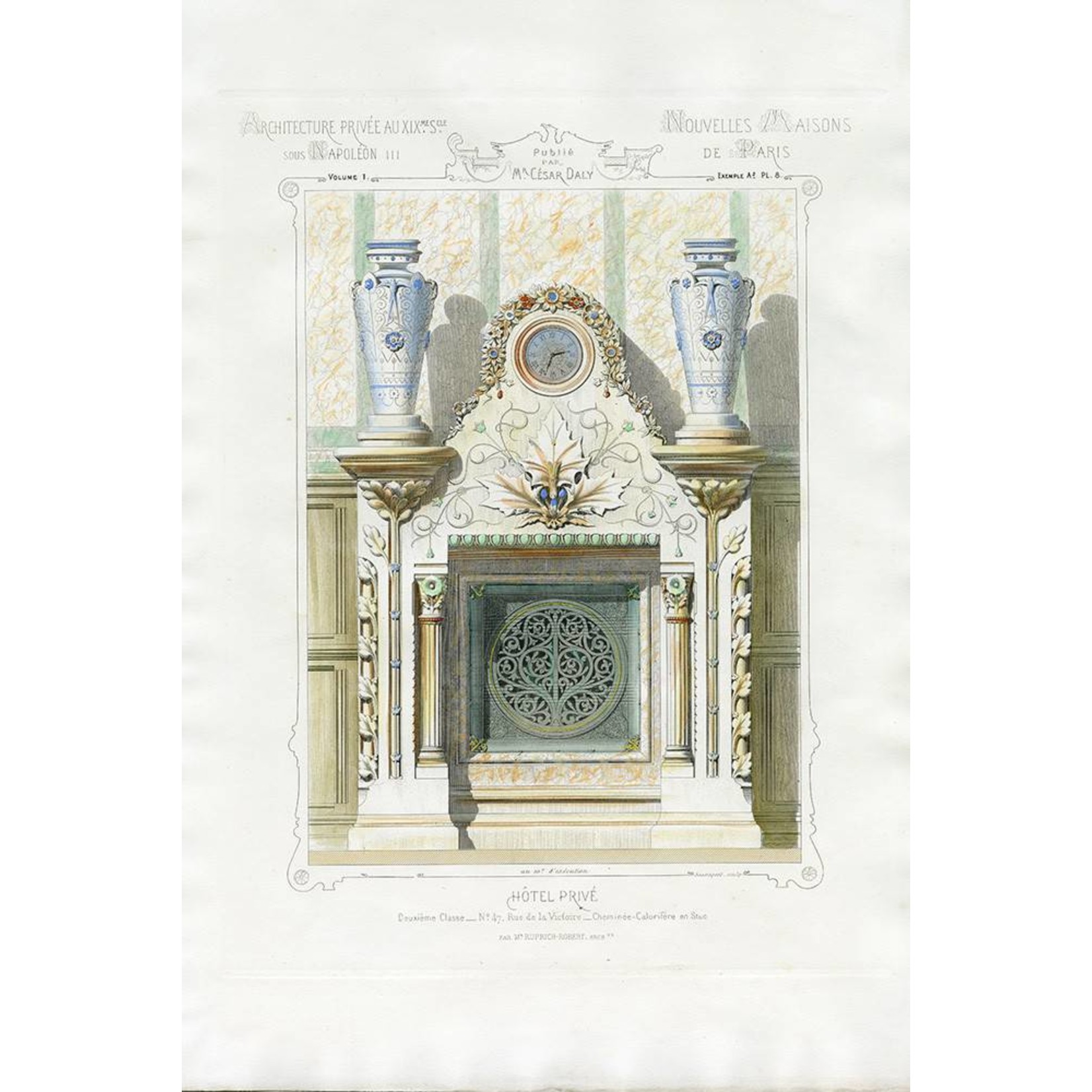 Fine Art Print on Rag Paper Architectural Colored Elevation of a French Chimney Mantel