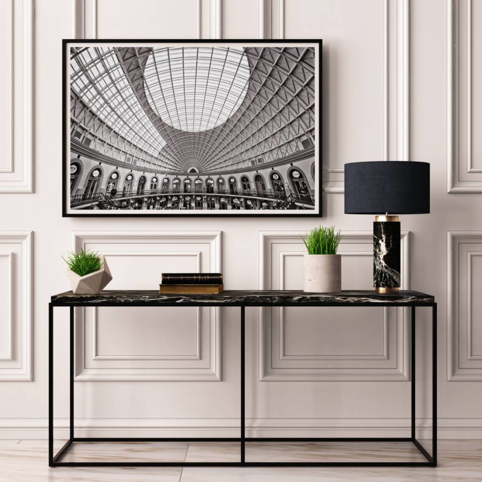 Framed Print on Rag Paper: Round Classic Perspective In Black and White