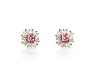 Trabert Goldsmiths Pink Sapphire Baguette Diamond Stud Earrings E3085