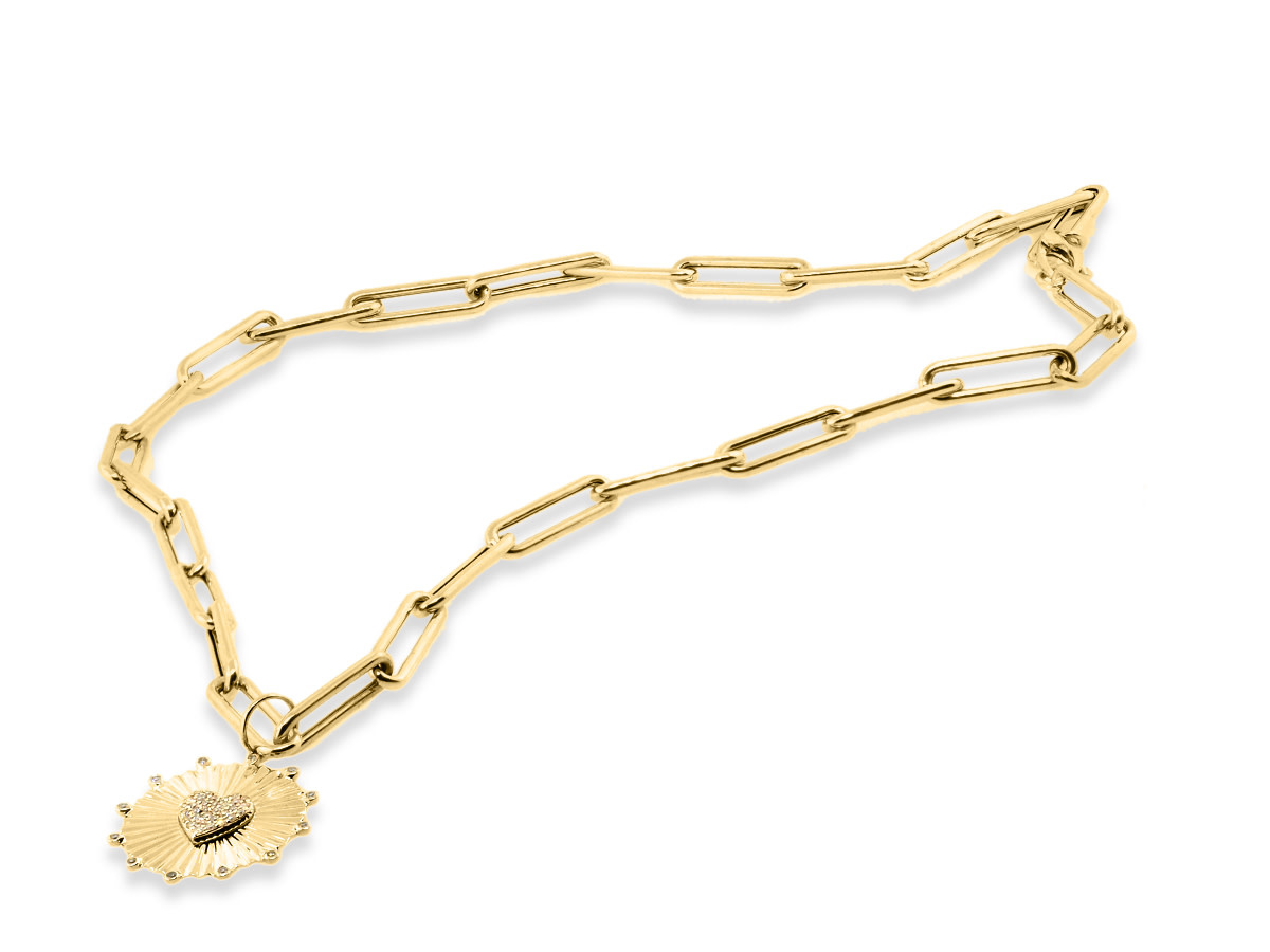 Trabert Goldsmiths Large Oval Link & Heart Diamond Disc Necklace