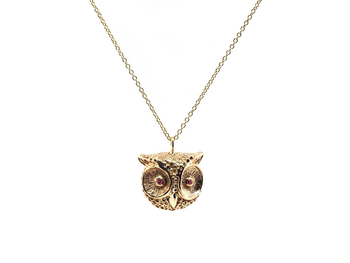 Trabert Goldsmiths Detailed Yellow Gold Owl With Ruby Eyes