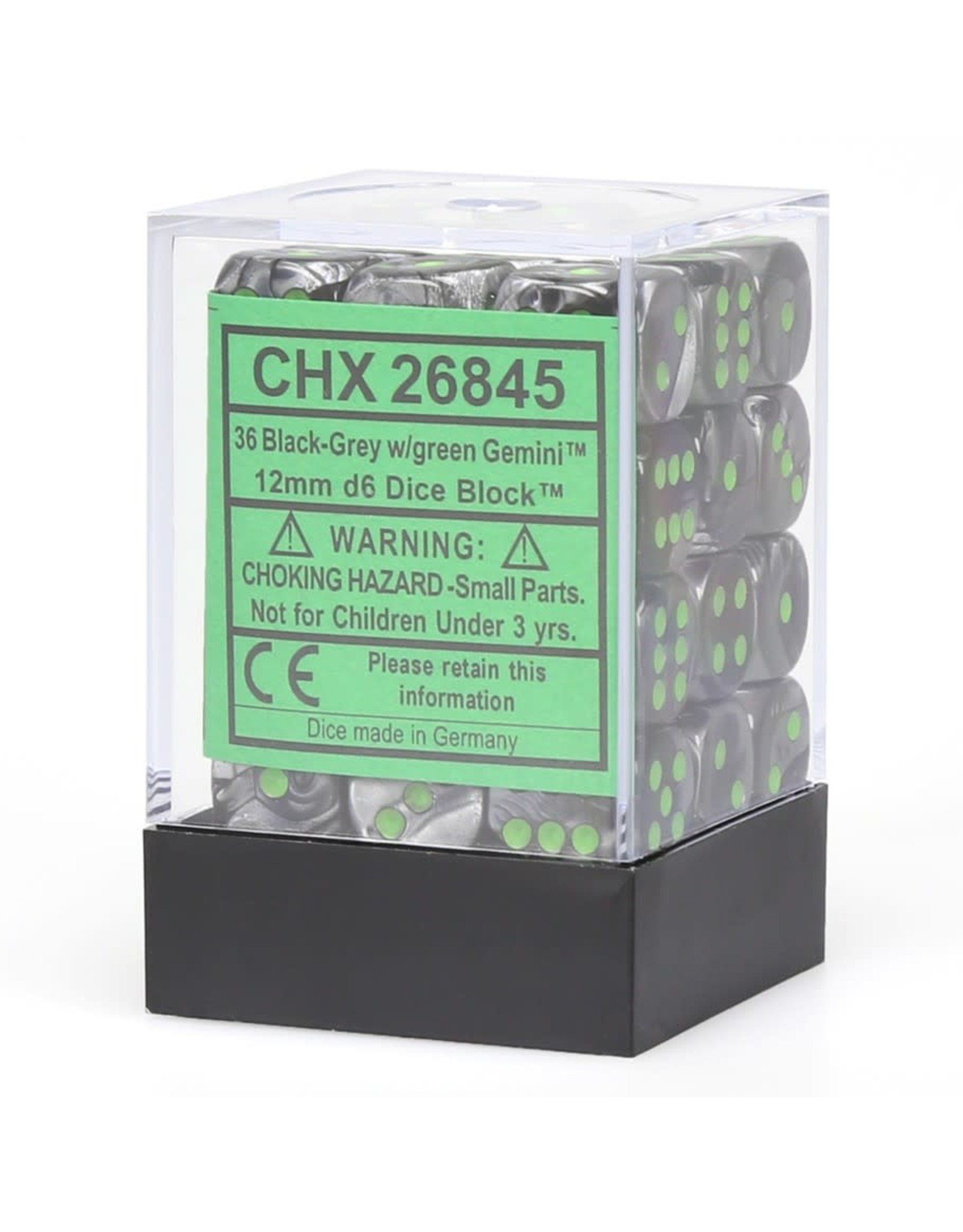 Chessex d6 12mm 36 Dice Set Gemini Black-Grey w/Green CHX26845