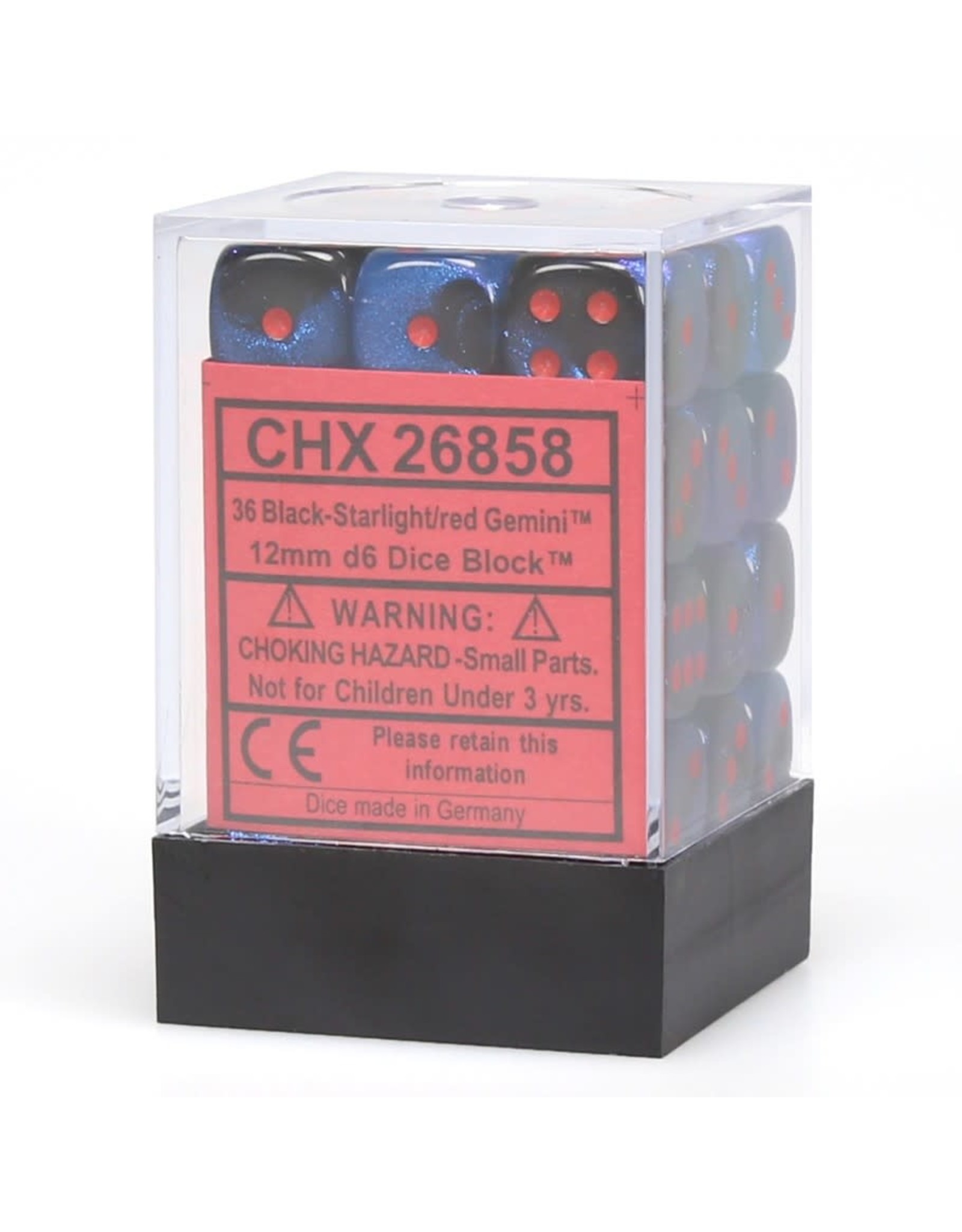 Chessex d6 12mm 36 Dice Set Gemini Black-Starlight w/Red CHX26858