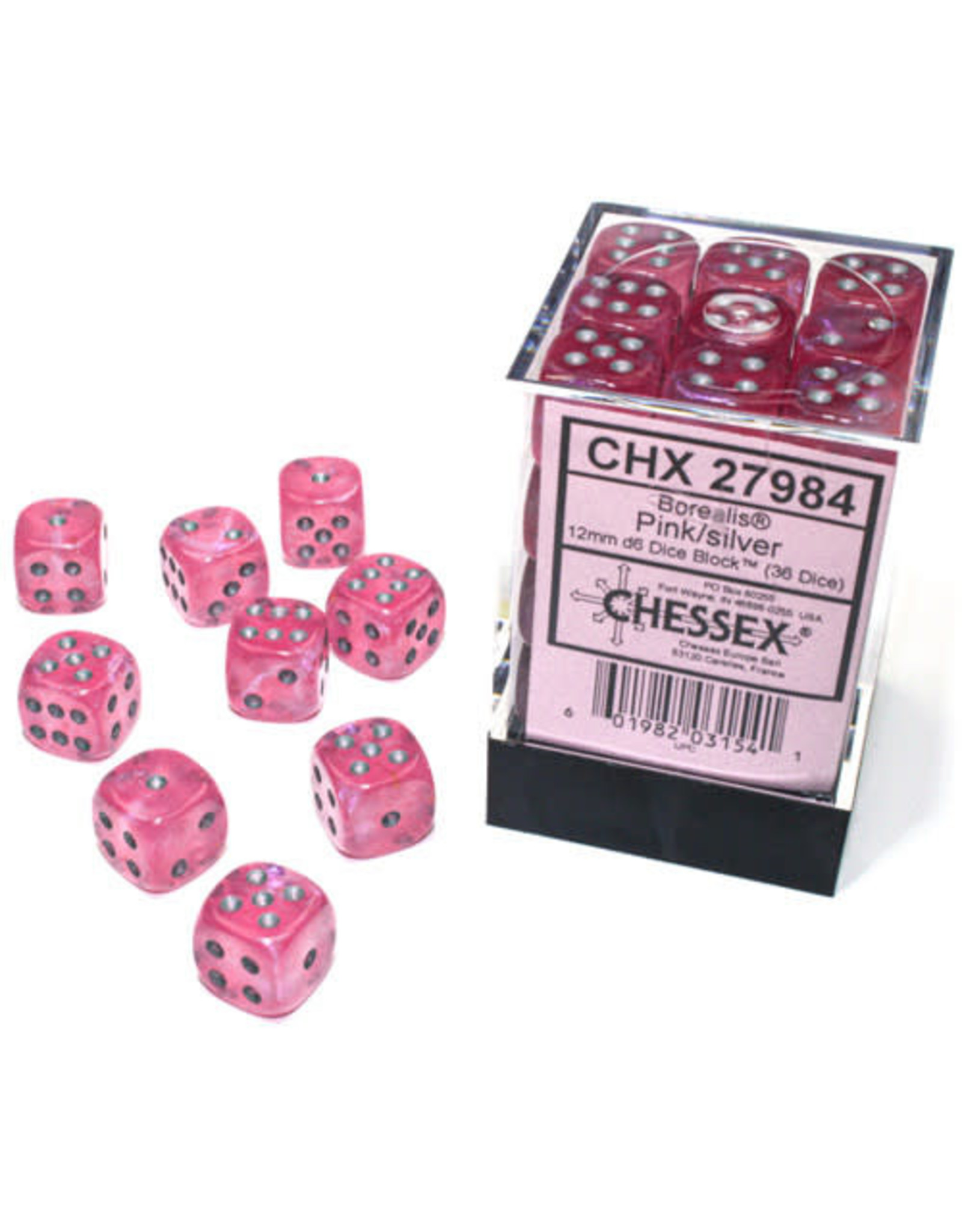 Chessex Borealis: 12mm d6 Pink/silver Luminary Dice Block (36 dice) CHXDB1284