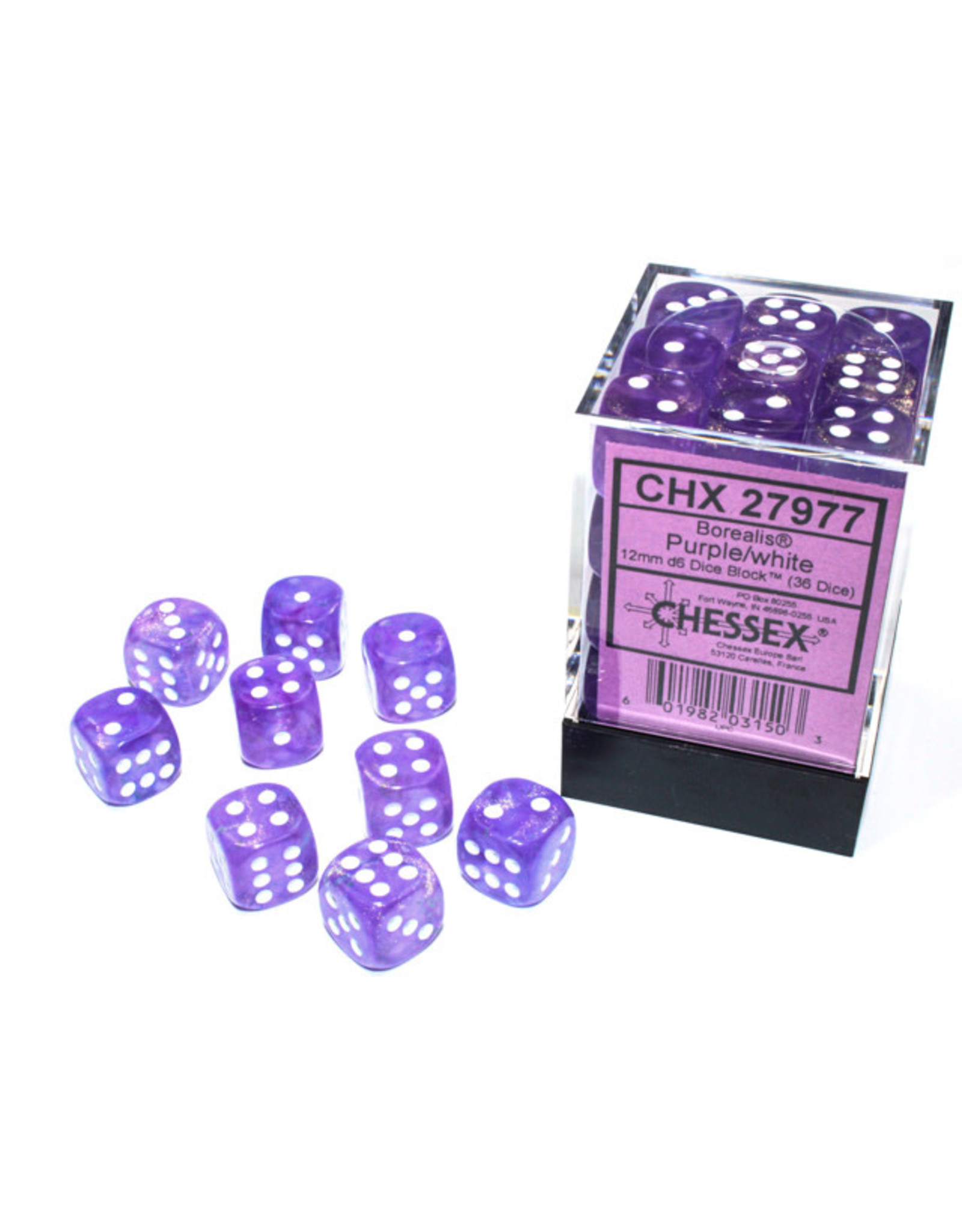 Chessex Borealis: 12mm d6 Purple/white Luminary Dice Block (36 dice) CHX 27977