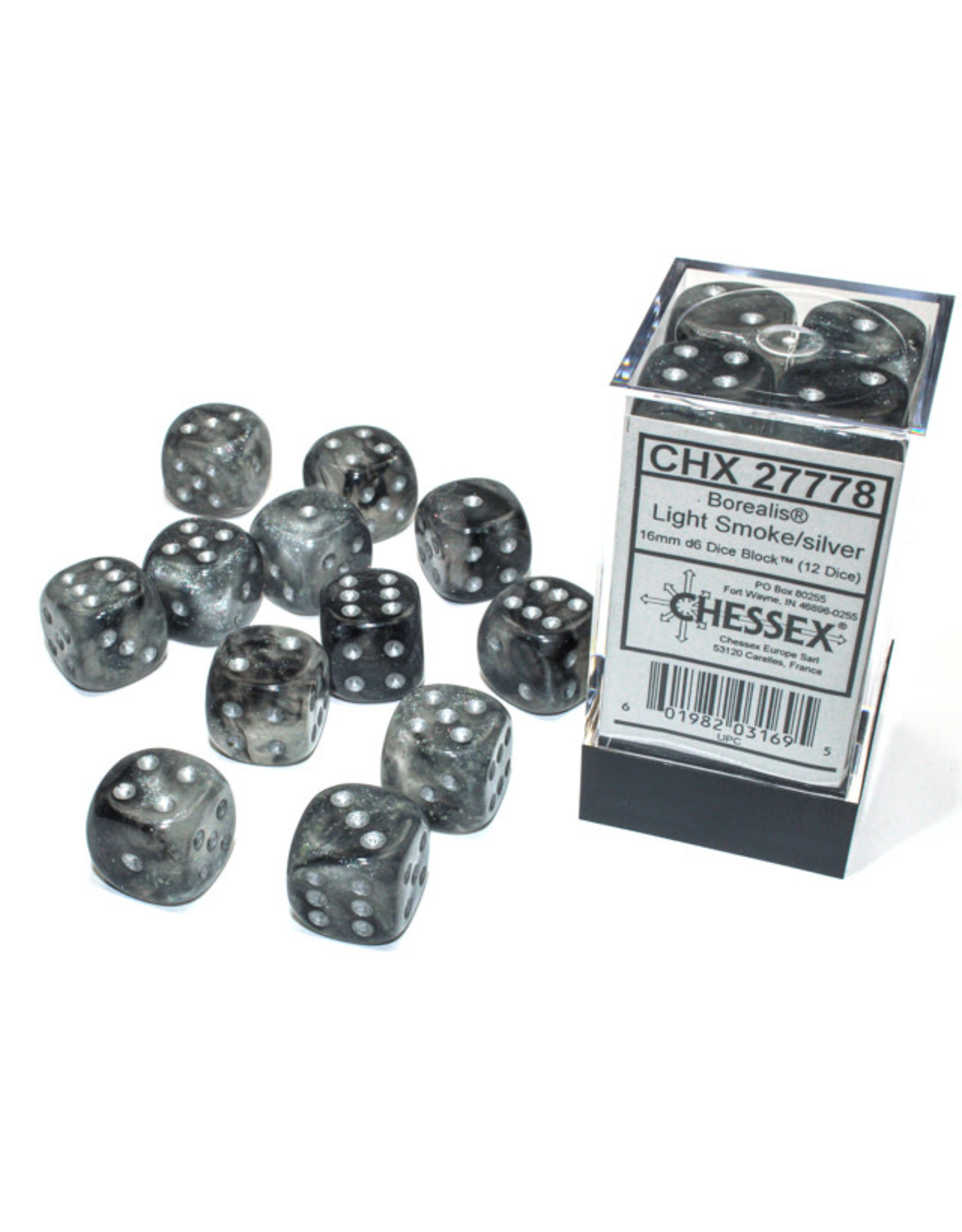 Chessex Borealis: 16mm d6 Light Smoke/silver Luminary Dice Block (12 dice) CHX 27778