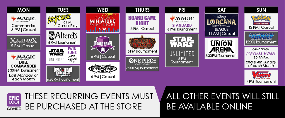 Epic Loot Games Recurring Events Schedule