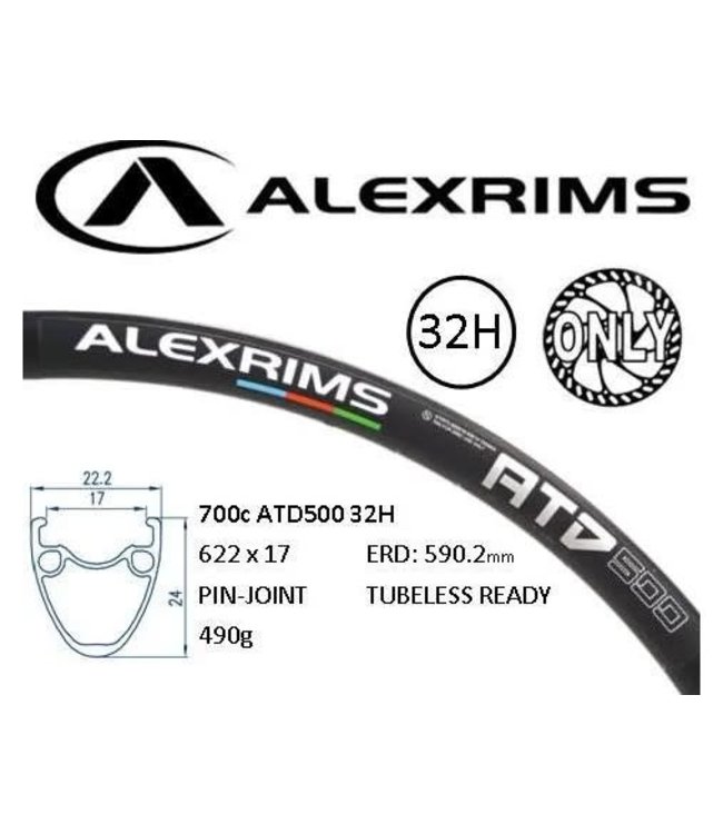 Alex ATD500  Rim 700c x 19mm -  32H - (622 x 19) - Presta Valve - Disc Brake - D/W - BLACK - Tubeless Ready - (ERD 588mm)