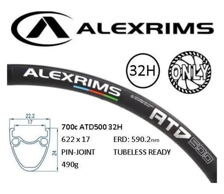 Alex ATD500 Rim 700c x 19mm - 32H - (622 x 19) - Presta Valve - Disc Brake  - D/W - BLACK - Tubeless Ready - (ERD 588mm) - Epic Cycles