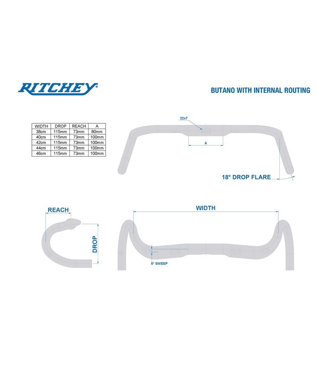 Ritchey  Drop Bar Road Comp Butano 31.8mm/40cm/115mm Drop/73mm Reach/5D Sweep/18D Flare Internally Routed