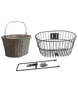 Front Basket, Fixed Mount with Stay & 1" Fittings, for Quill stem, Oval Removable Polyrattan Basket with 2 Handles and Oval Steel 38w x 23h x 29d