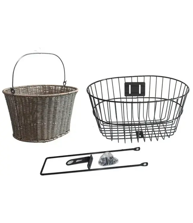 Front Basket, Fixed Mount with Stay & 1" Fittings, for Quill stem, Oval Removable Polyrattan Basket with 2 Handles and Oval Steel 38w x 23h x 29d