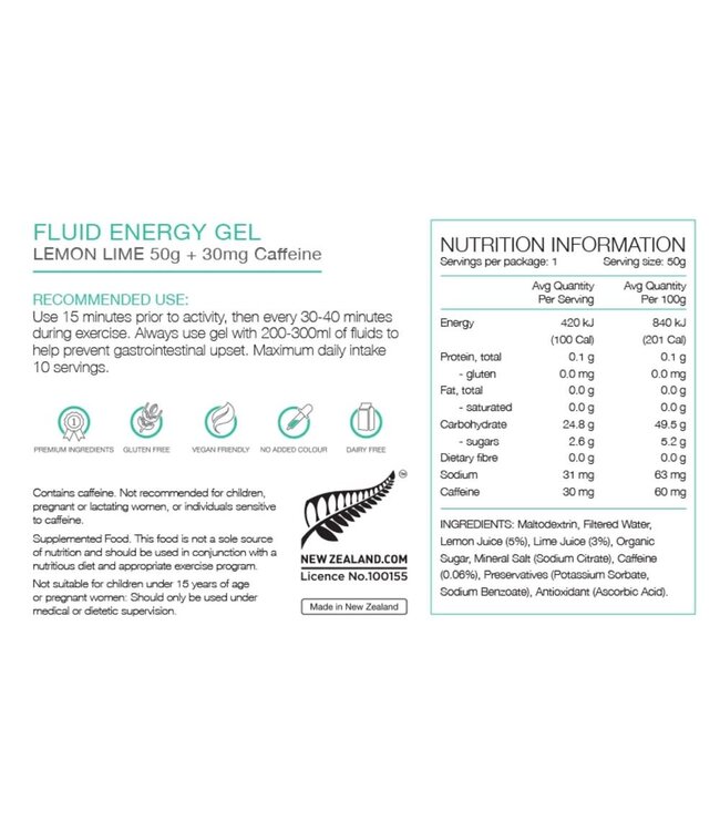 Pure Sports Nutition Pure Fluid Energy Gel Lemon Lime with 30mg Caffeine 50 g
