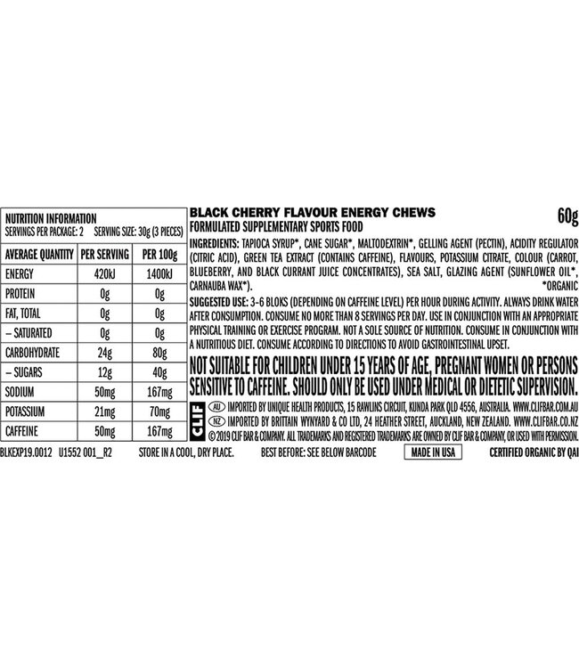 Clif Bloks Energy Chews Black Cherry 50mg Caffeine
