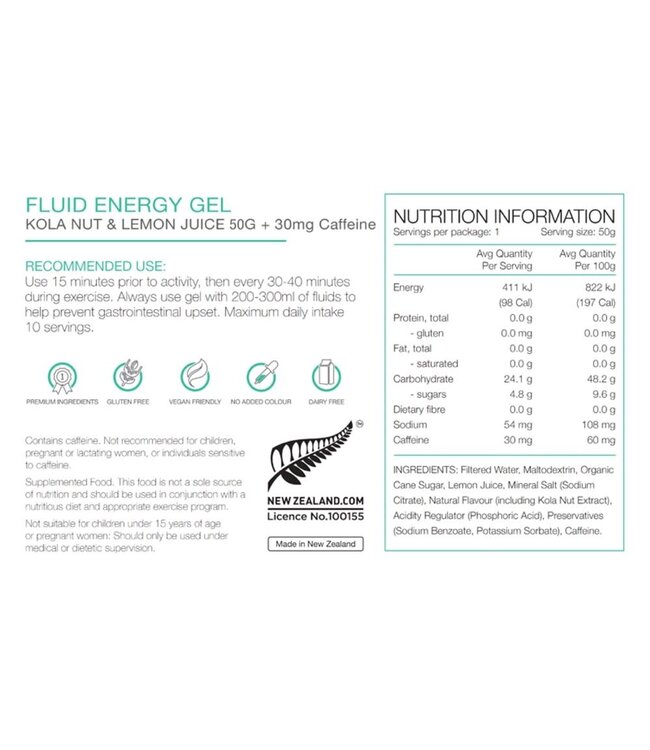 Pure Sports Nutition Pure Fluid Energy Gel - Kola Nut & Lemon Juice with 30mg Caffeine - 50g