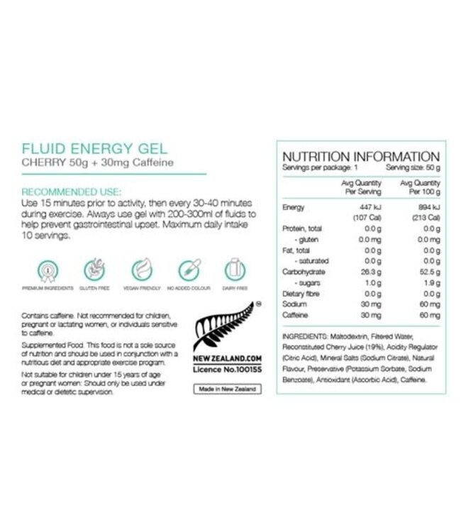Pure Sports Nutition Pure Fluid Energy Gel - Cherry with 30mg Caffeine - 50