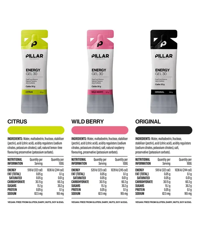 Pillar Performance Pillar Performance Energy Gel (Wild Berry, Citrus, Original (Unflavoured) Single Serve