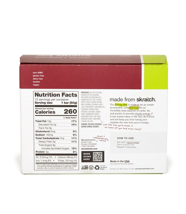 SkratchLabs Energy Bar Sport Fuel - Cherries & Pistachios - 50g each