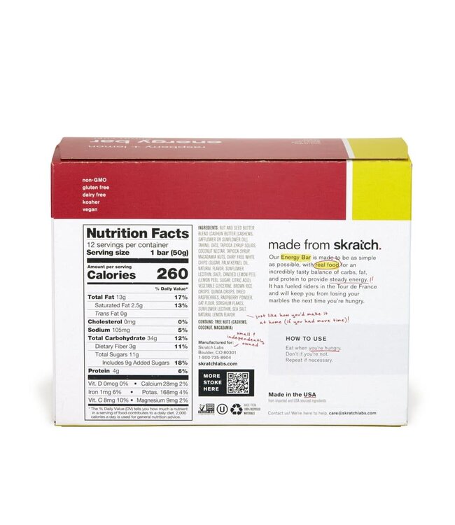 SkratchLabs Energy Bar Sport Fuel - Raspberries & Lemons- 50g each