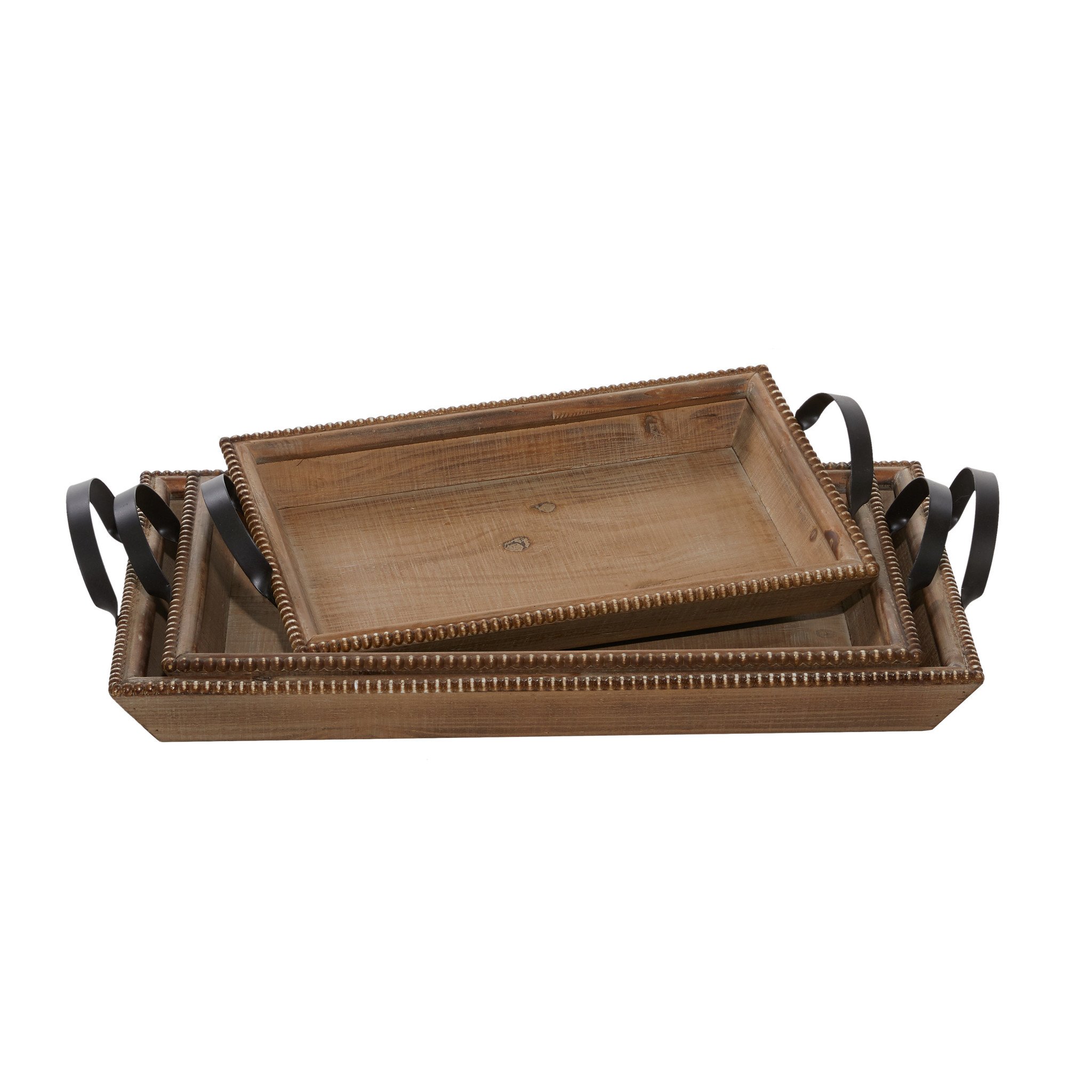 Wood Beaded Tray with Metal Handles