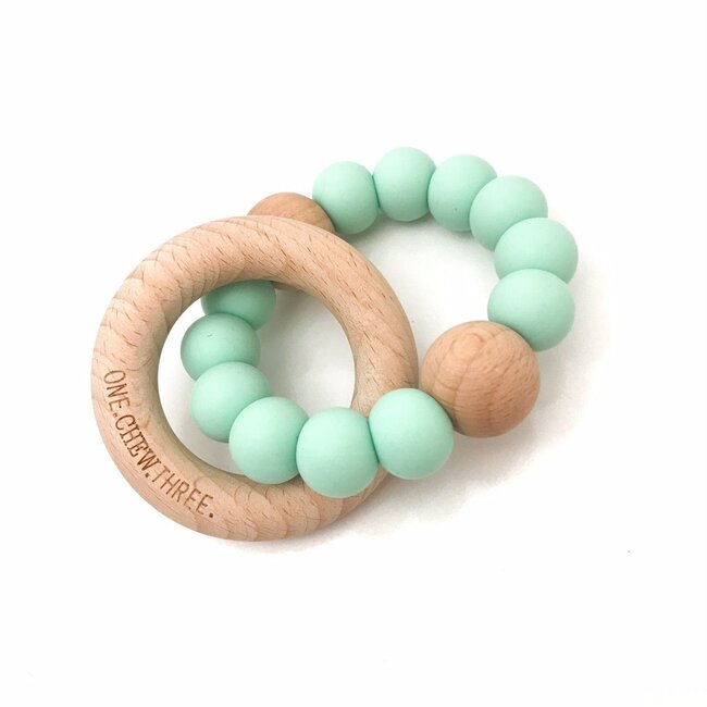 SILICONE & BEECH WOOD RATTLE TEETHER - MINT