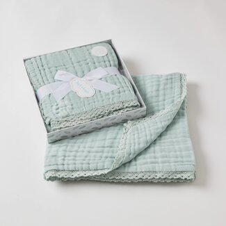 Misty Blue Dbl Muslin Baby Blanket with Lace Edge