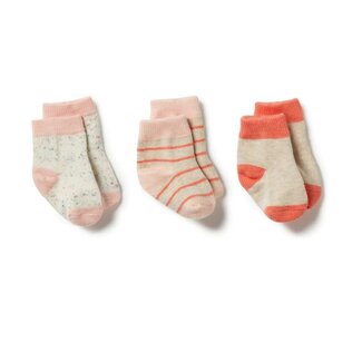WILSON AND FRENCHY Organic 3 Pack Baby Socks - Silver Peony / Fog / Coral