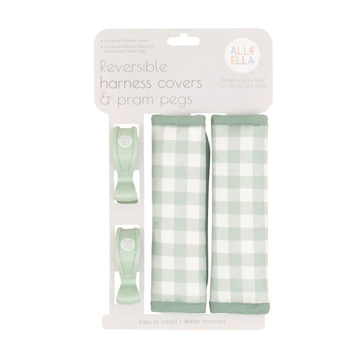 Harness Covers & Pram Pegs - Gingham Sage Harness Covers & Pram Pegs - Gingham Sage