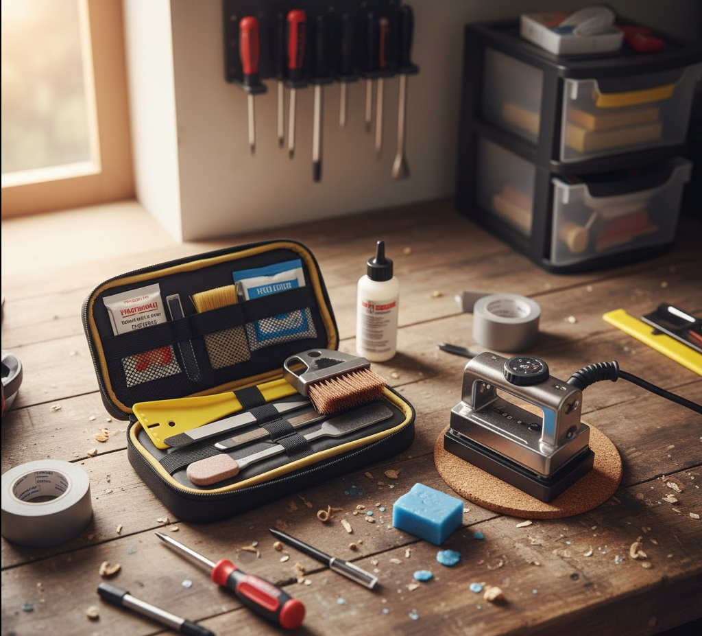 Compact ski repair kit with tools, wax, and accessories for on-hill fixes