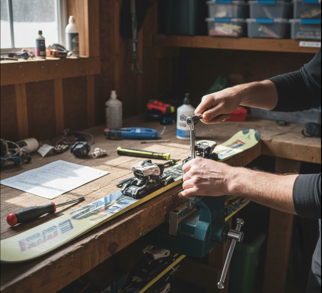 Ski technician adjusting and testing ski bindings before winter.”