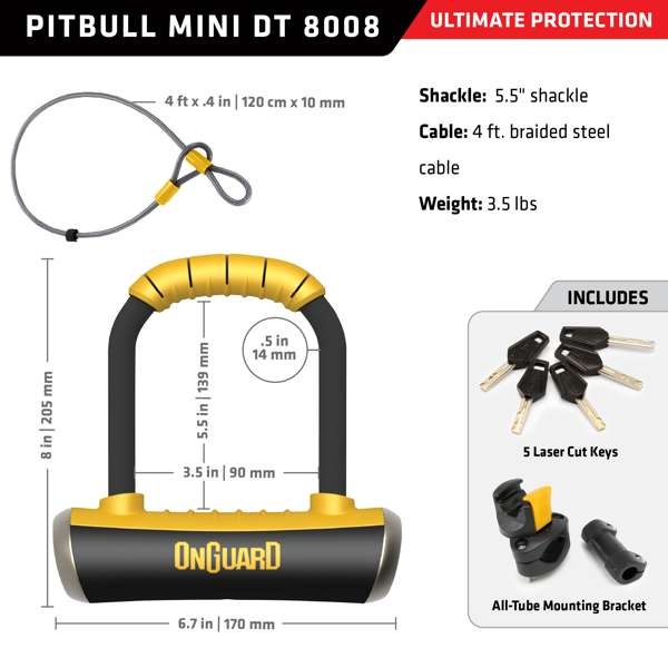 Onguard OnGuard Pitbull Mini DT U Lock 90 x 140MM/ Cable: 120CM x 10MM