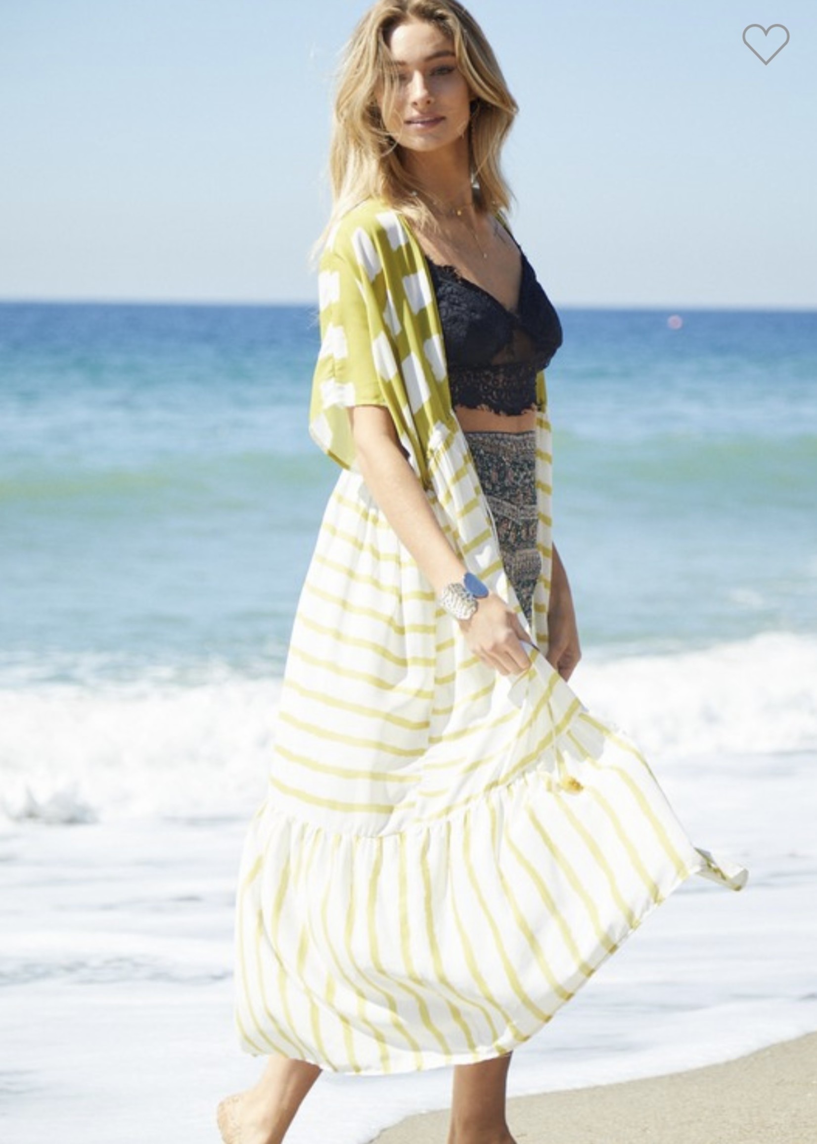 Davi & Dani Mustard/Ivory Ruffle Tie Kimono