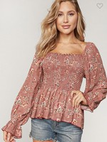 Sugarfox Mauve Smocked Floral Top