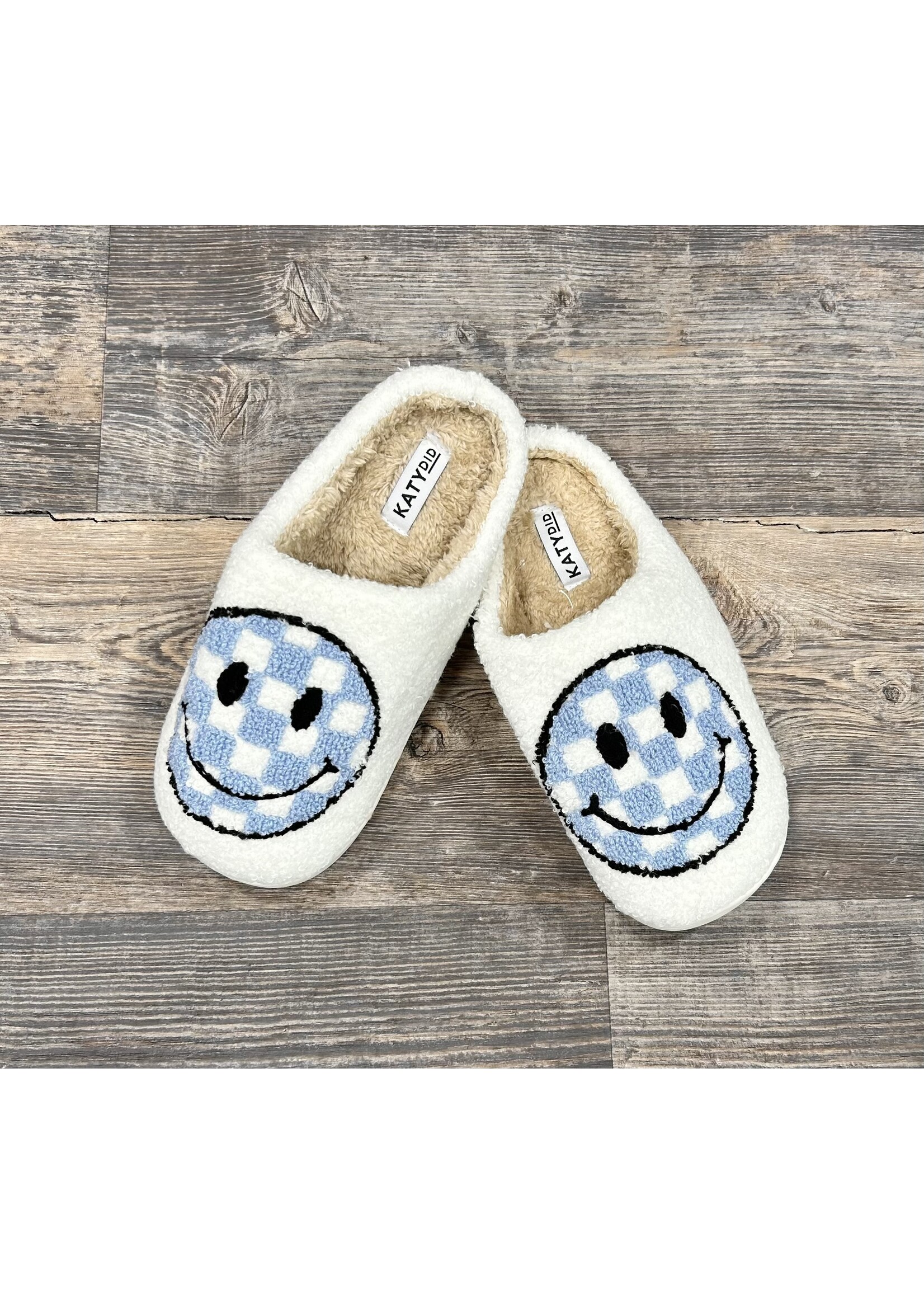 Blue Check Smiley House Slippers