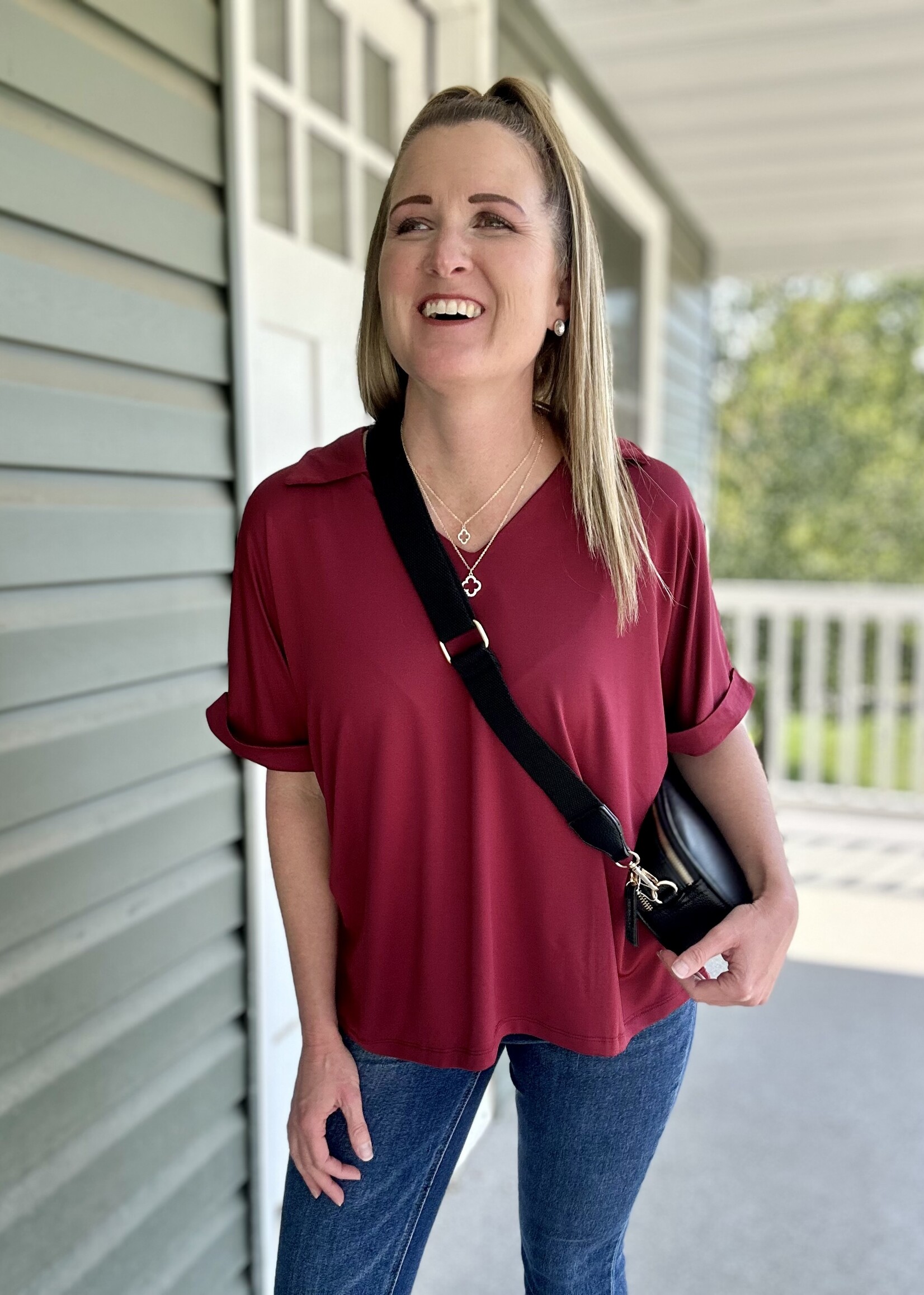 The Cara Collared Top in Wine