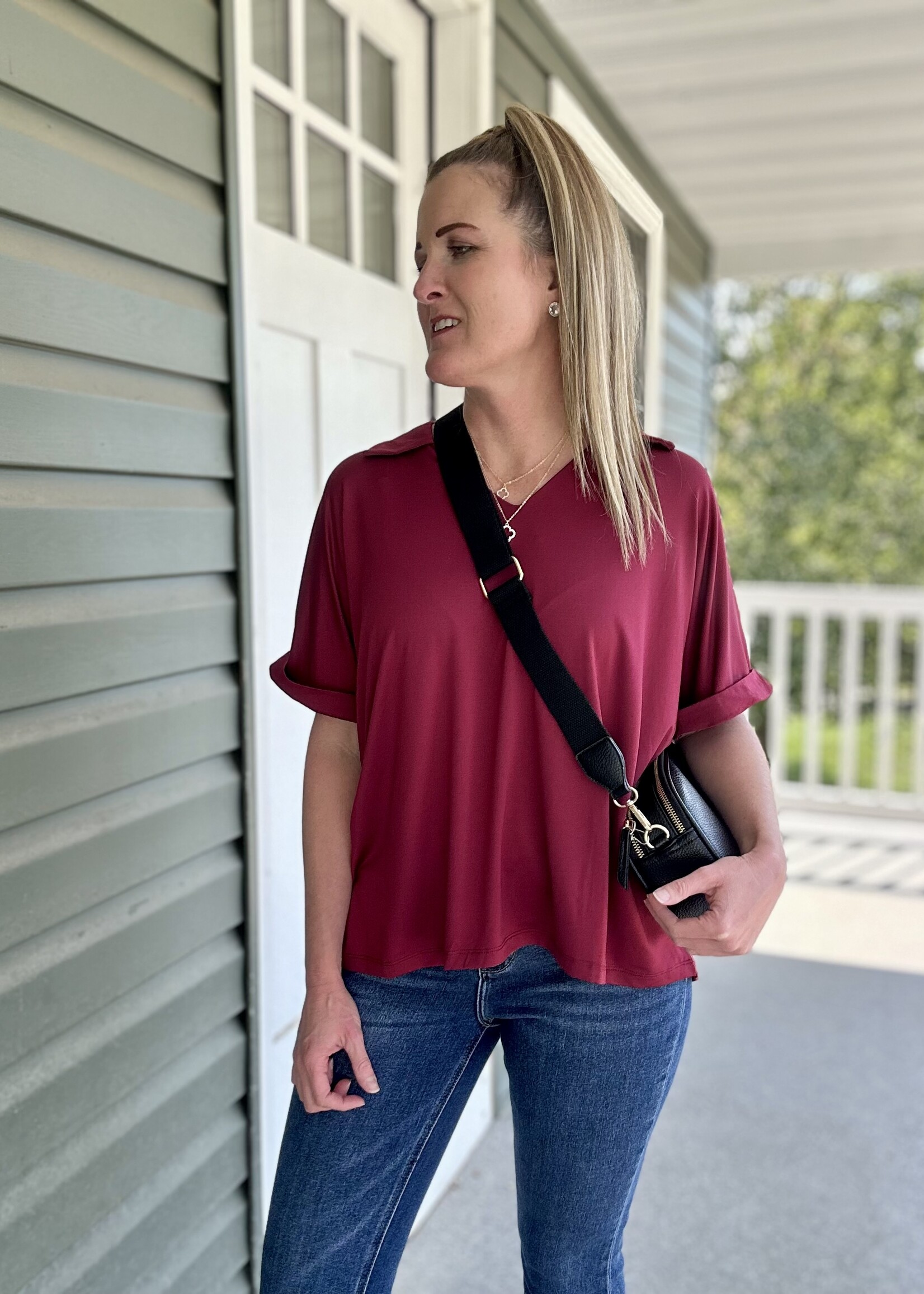 The Cara Collared Top in Wine
