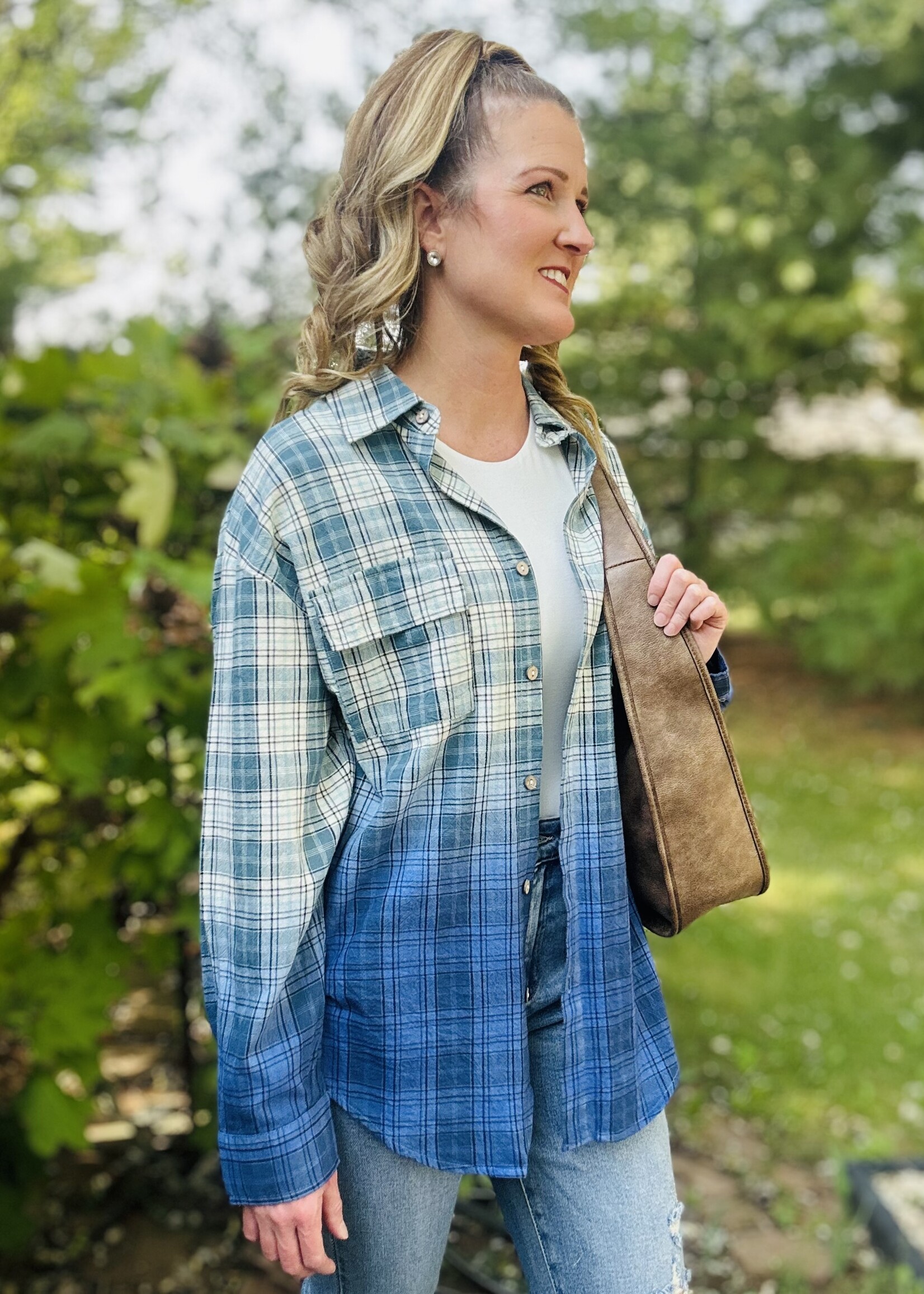 Blue Ombré Plaid Button Up