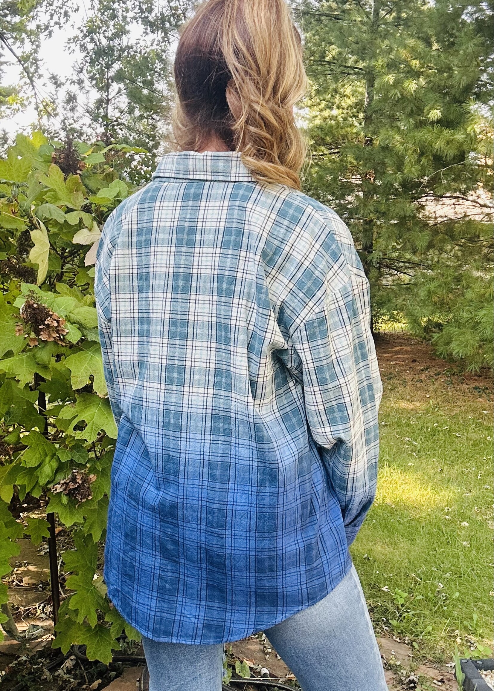 Blue Ombré Plaid Button Up