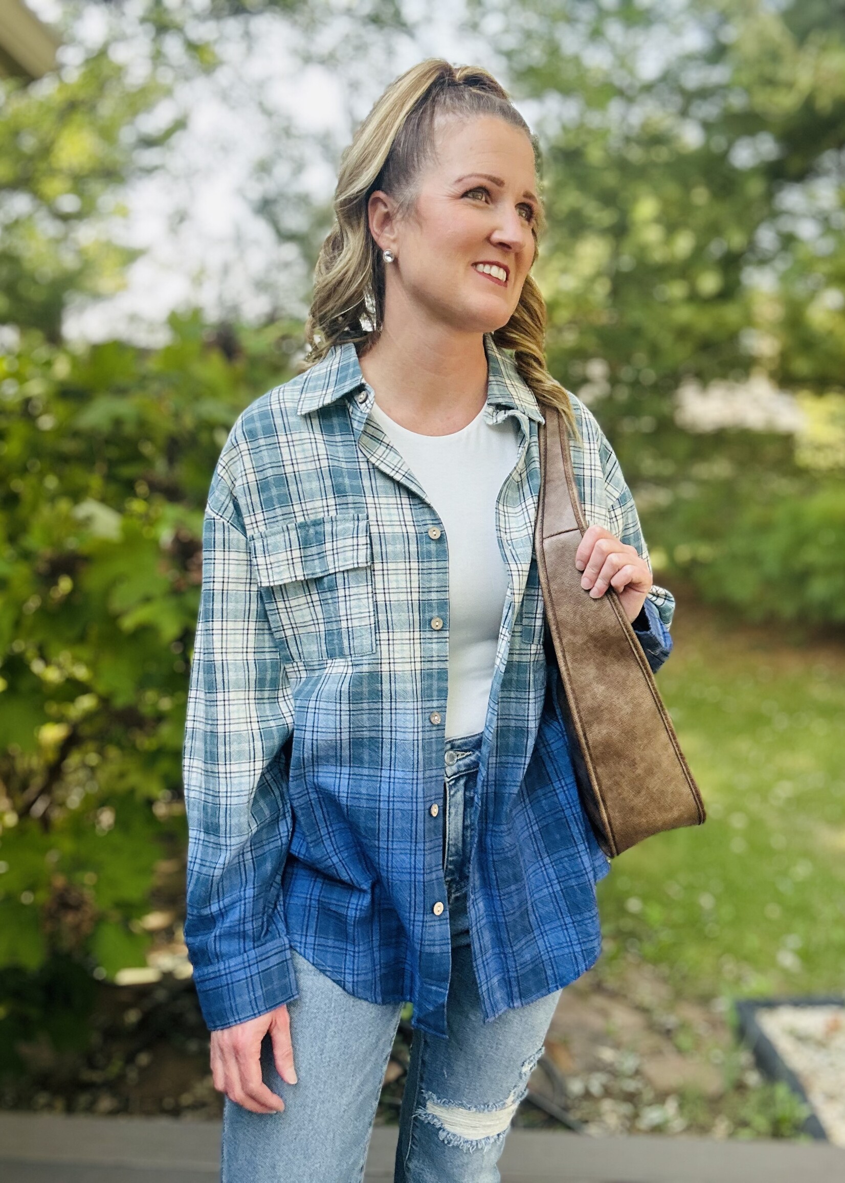 Blue Ombré Plaid Button Up